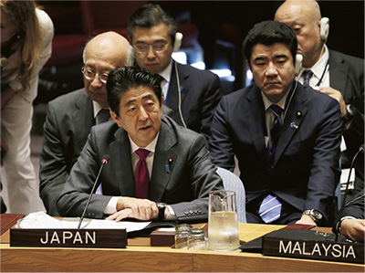 Prime Minister Abe, attending the UN Security Council High- Level Briefing on Syria (September 21, New York, U.S.). (Photo: Cabinet Public Relations Office)
