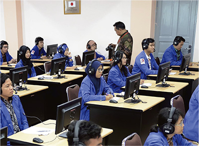 Class held at the Multimedia Language Laboratory of Darma Persada University in Indonesia with equipment provided through a Grant Assistance for Cultural Grassroots Projects (July, Indonesia).