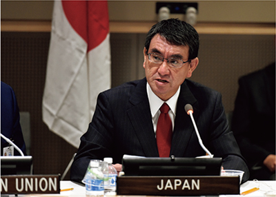 Foreign Minister Kono attending the side event on promoting investment in quality infrastructure, at the 72nd UN General Assembly (September 19, New York, U.S.)