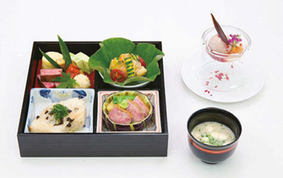Food served at the working lunch (White rice from Fukushima on the bottom left) June 28, Osaka