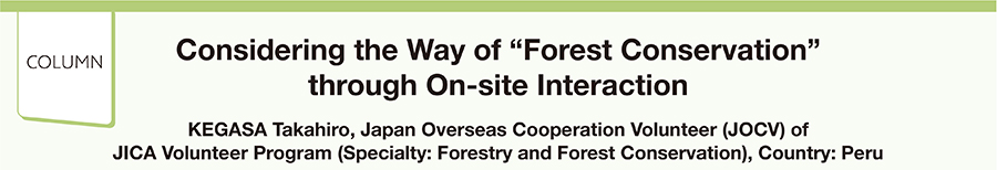 Considering the Way of “Forest Conservation” through On-site Interaction KEGASA Takahiro, Japan Overseas Cooperation Volunteer (JOCV) of JICA Volunteer Program (Specialty: Forestry and Forest Conservation), Country: Peru