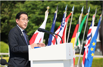 Prime Minister Kishida holding a press conference as Chair of the G7 Hiroshima Summit (May 21, Hiroshima Prefecture; Photo: Cabinet Public Affairs Office)