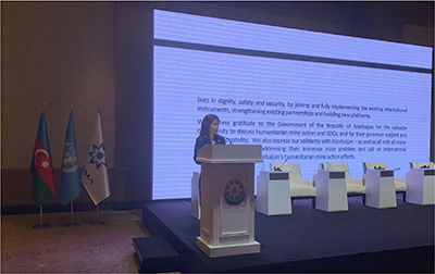 The author reading out an outcome declaration at an international conference on mine action in Azerbaijan (May 2023, Azerbaijan, © UN Resident Coordinator's Office in Azerbaijan)