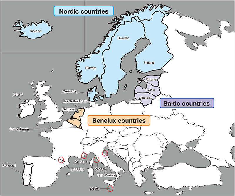 map of Nordic countries, Benelux countries and Baltic countries