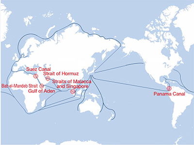 Major maritime transportation routes to Japan and their chokepoints