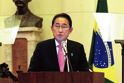 Discurso del primer ministro Kishida sobre la política hacia los países de ALC (4 de mayo, Sao Paulo, Brasil. Fotografía cortesía de la página web de la Oficina del Primer Ministro)