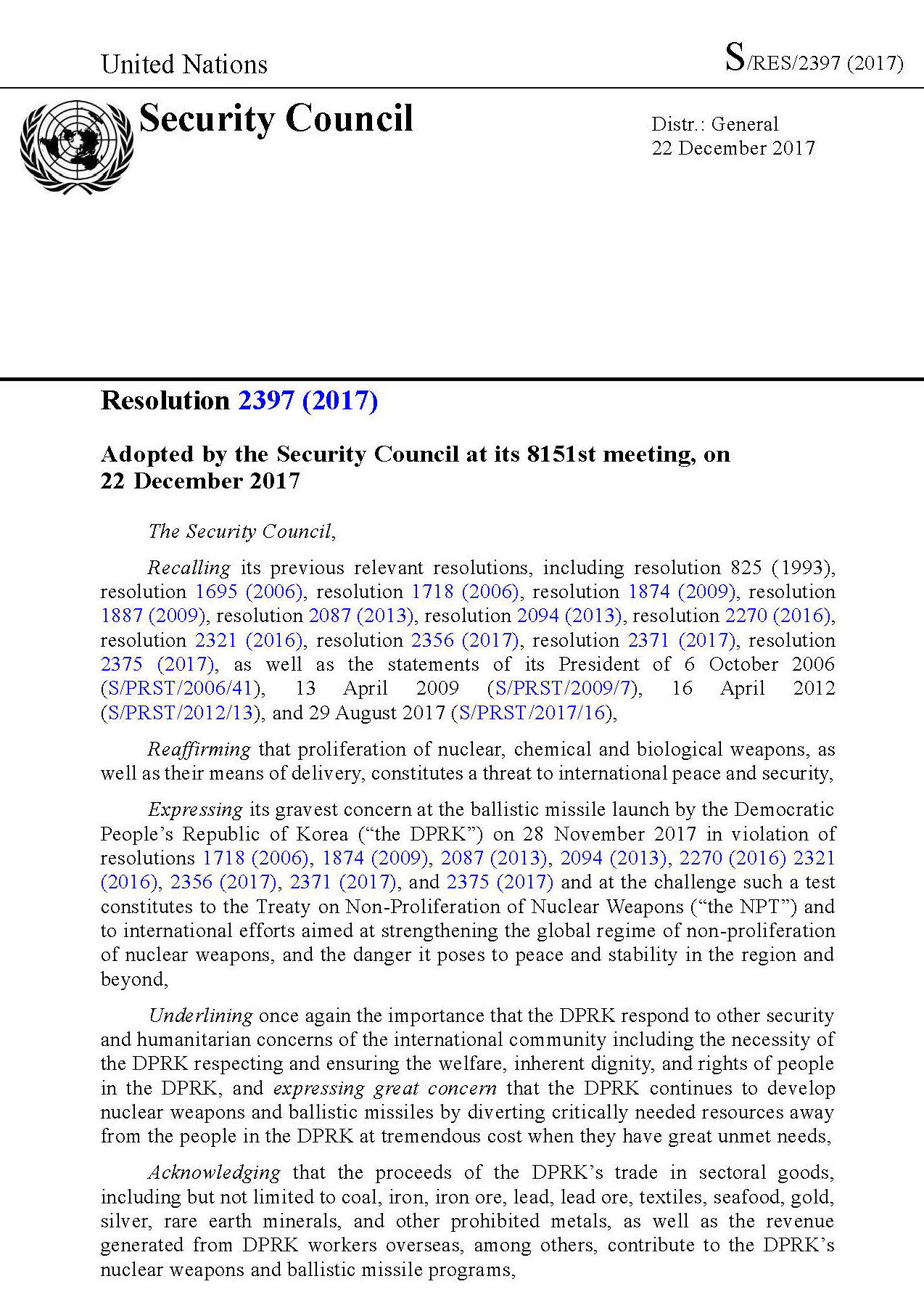 (images) UN Security Council Resolution 2397 (2017) : Adopted by the Security Council at its 8151st meeting, on 22 December 2017